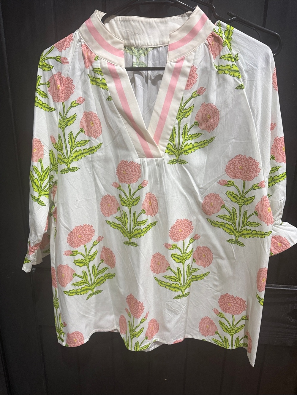 Floral V-Neck Tunic Top - Pink/Green on White